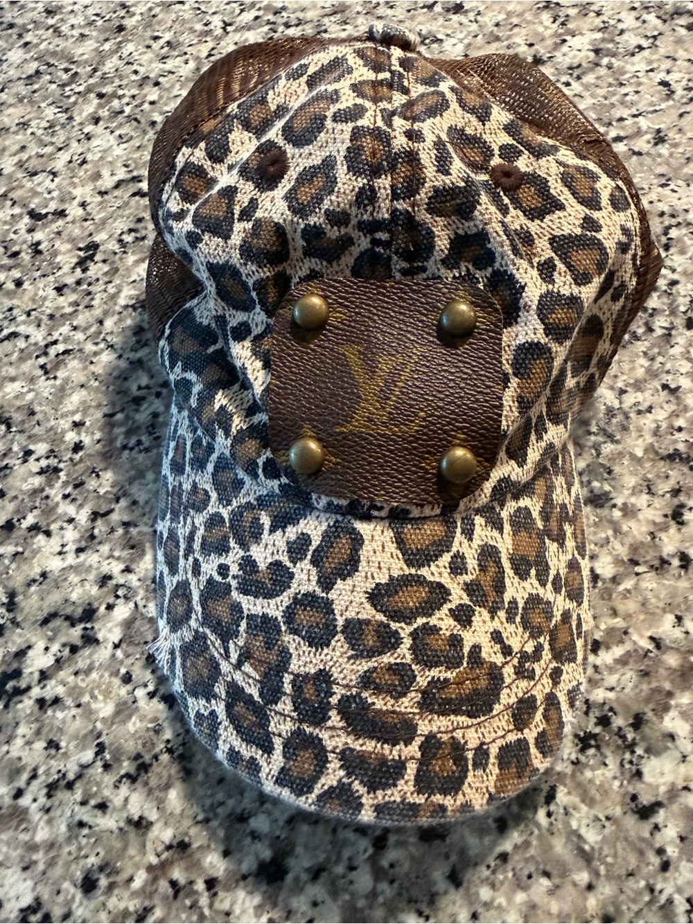 Leopard Print Brown Tan Baseball Cap with Stud Detail
